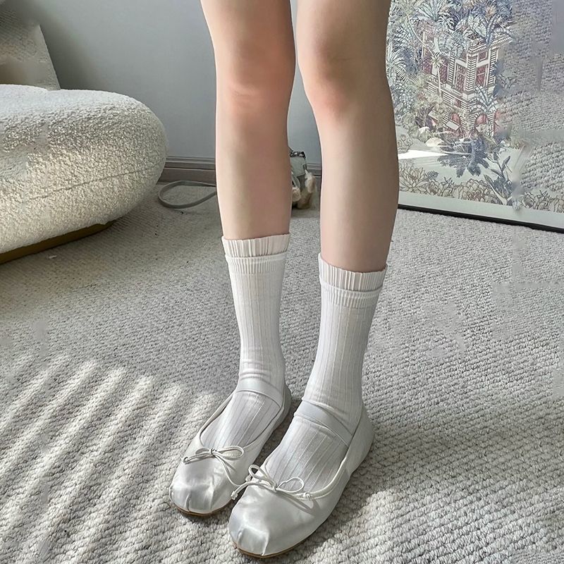 芭蕾风白色竖条纹短中筒袜子褶皱花边小腿袜少女纯欲百搭春夏薄款
