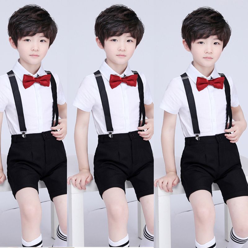 兒童小主持人六一演出服禮服男童短袖西裝洋氣背帶褲夏季花童套裝