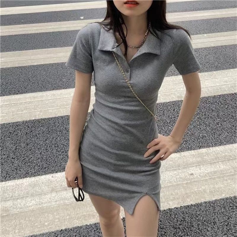 Pure color polo collar pure desire dress women's summer new small slit package hips slim waist hot girl skirt
