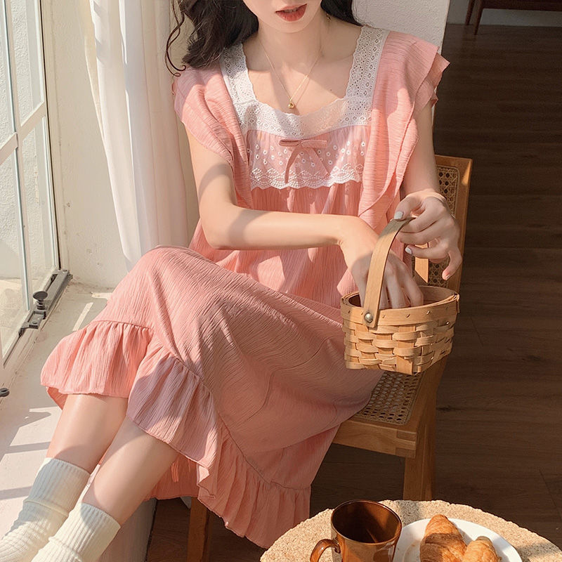 Pure cotton nightdress women's summer sleeveless sweet cute sweet princess wind girl mid-length loose pajamas home service
