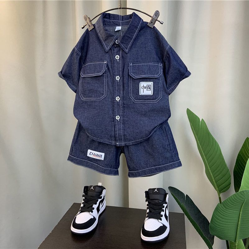 男童夏裝短袖牛仔套裝23新款洋氣寶寶夏季衣服兒童帥氣襯衫兩件套