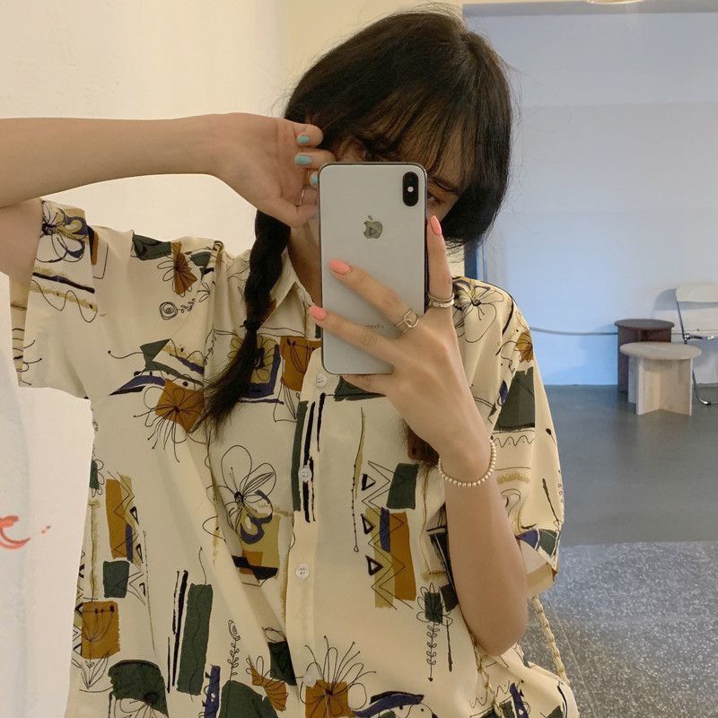 Greggio Xia's new graffiti print shirt women's salt style lazy style short-sleeved Korean style loose top with design