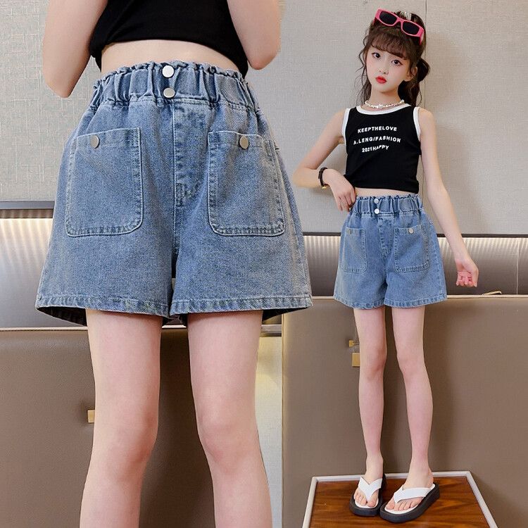 Girls' denim shorts 2023 summer thin style middle and big children's foreign style outerwear girls' high waist middle and big children's baby loose pants