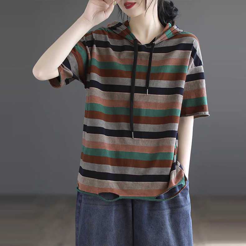 Large size loose t-shirt made of old color striped short-sleeved t-shirt hole hooded top women's summer 2023 new retro