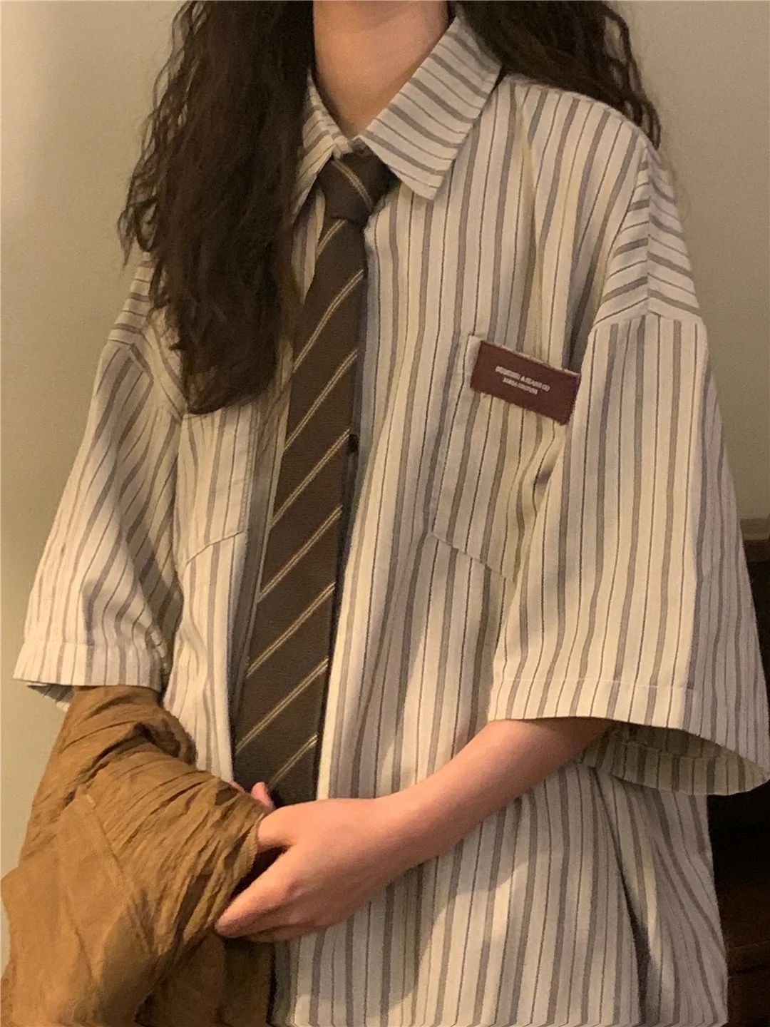美式復古寬鬆日系女寬鬆百搭學院風設計感小眾短袖條紋襯衫上衣潮