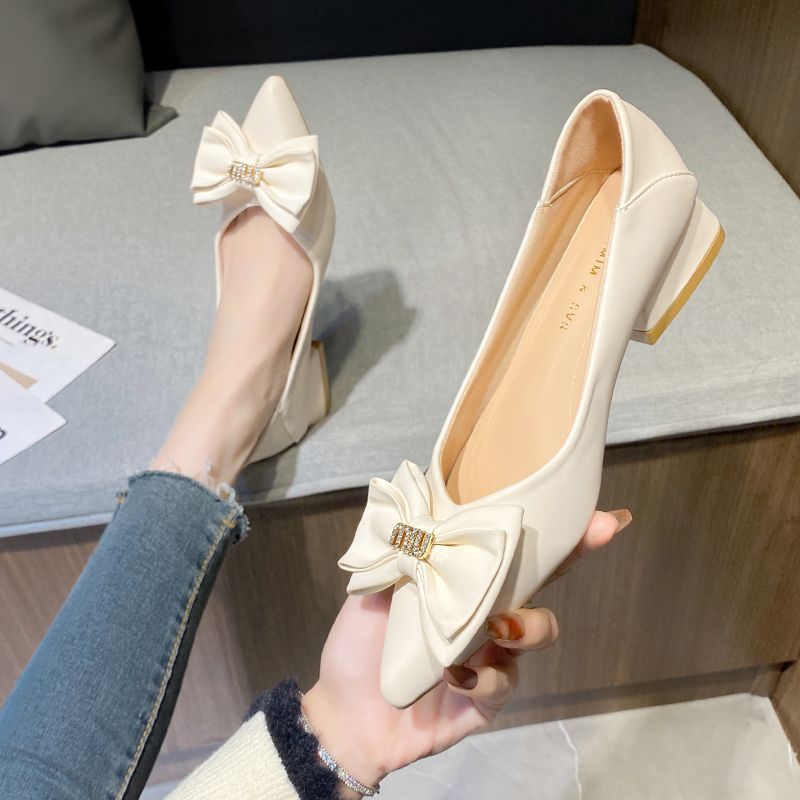 2023 new spring and autumn shallow mouth pointed toe low-heeled single shoes women's bowknot gentle with skirt soft-soled flat shoes