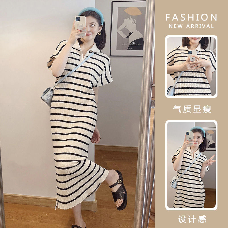 Summer dress fashion style lapel over the knee long skirt summer loose large size contrast color striped knitted skirt summer