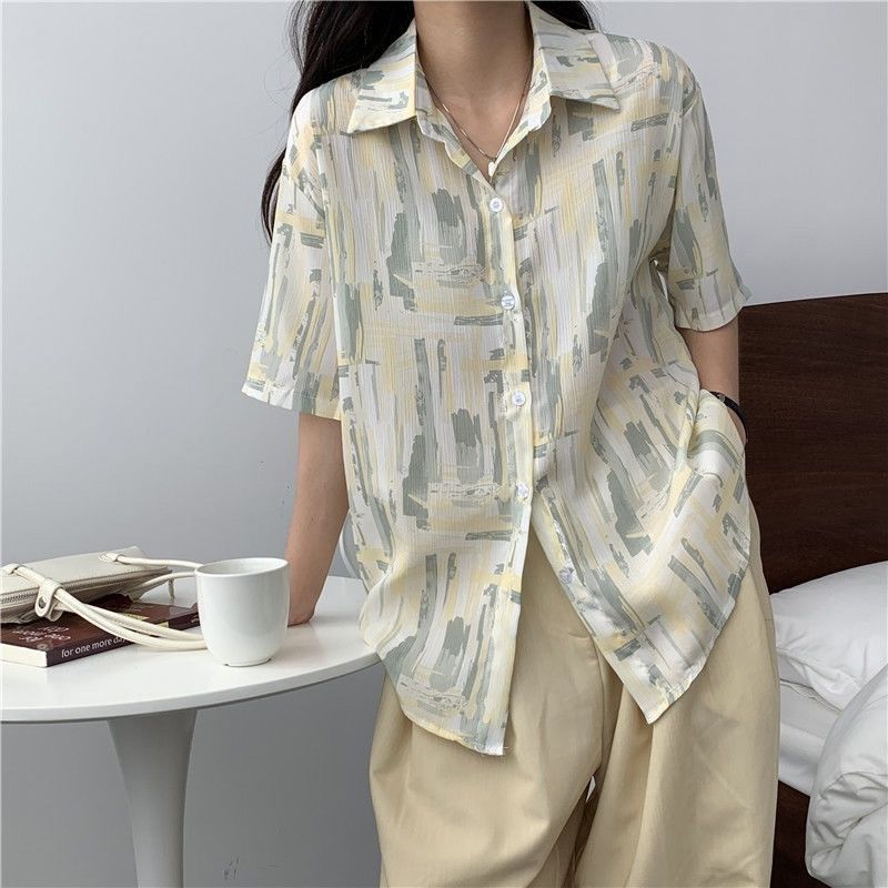 Grigio summer salt short-sleeved shirt design floral shirt small fresh loose lazy style top for women