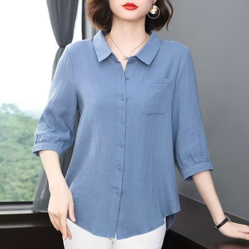 純棉襯衫上衣女七分袖2023春夏新款大碼女裝時尚洋氣遮肚休閒襯衣