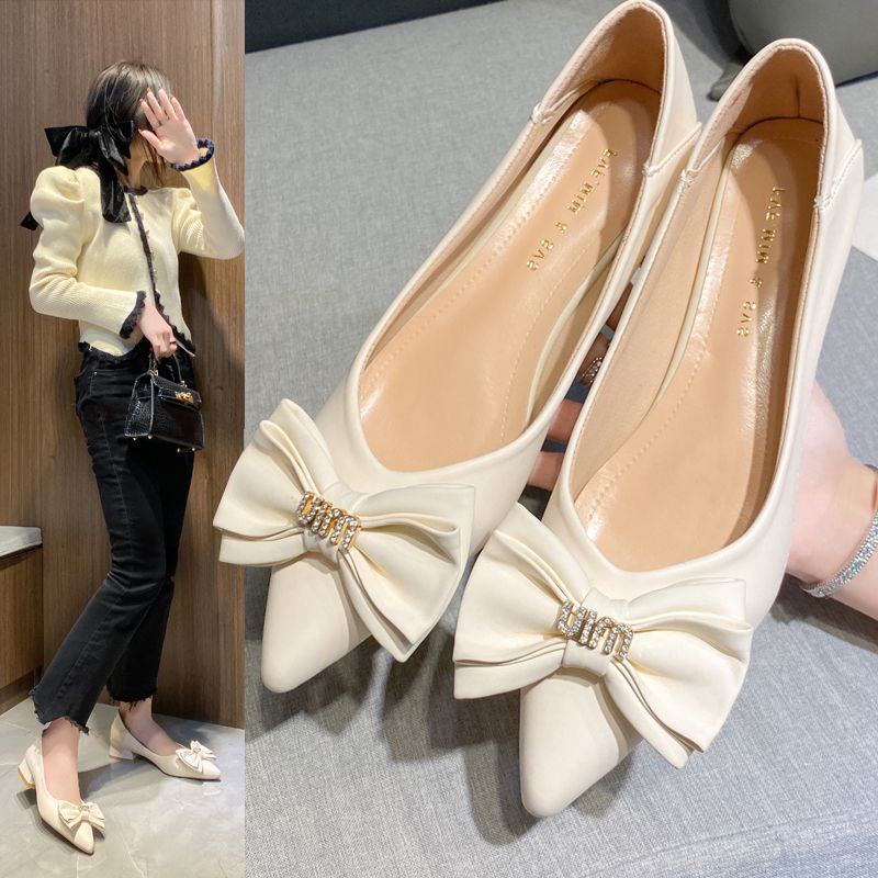 2023 new spring and autumn shallow mouth pointed toe low-heeled single shoes women's bowknot gentle with skirt soft-soled flat shoes