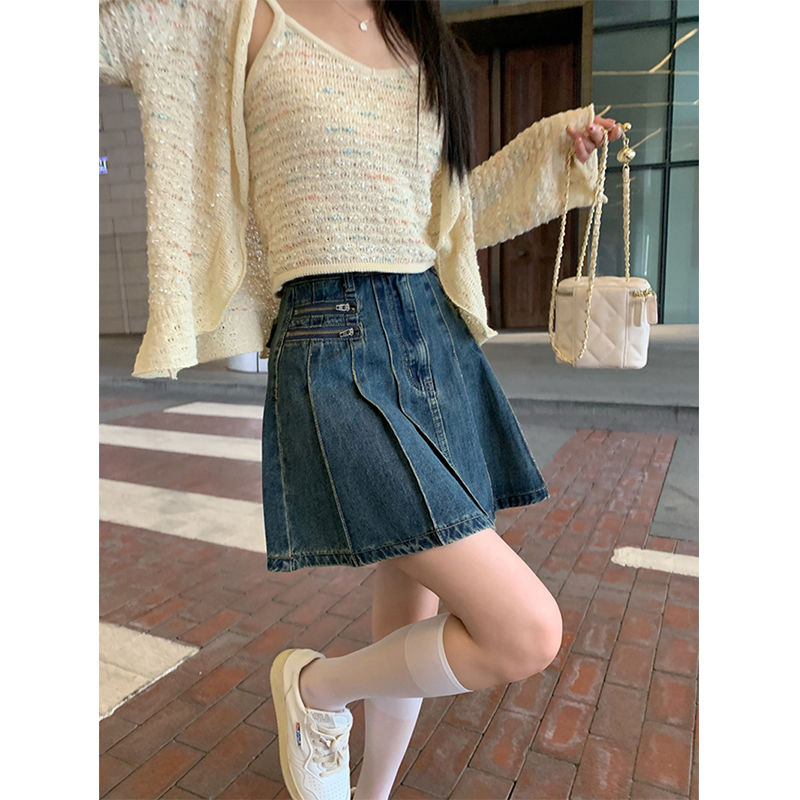 復古高腰牛仔短裙女半身裙設計感小眾春夏百搭顯瘦辣妹a字百褶裙