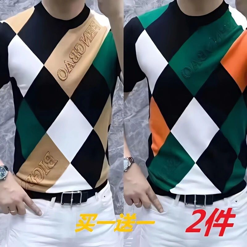 時尚短袖拼色t恤男士修身上衣服潮流韓版青年休閒百搭字母體恤衫