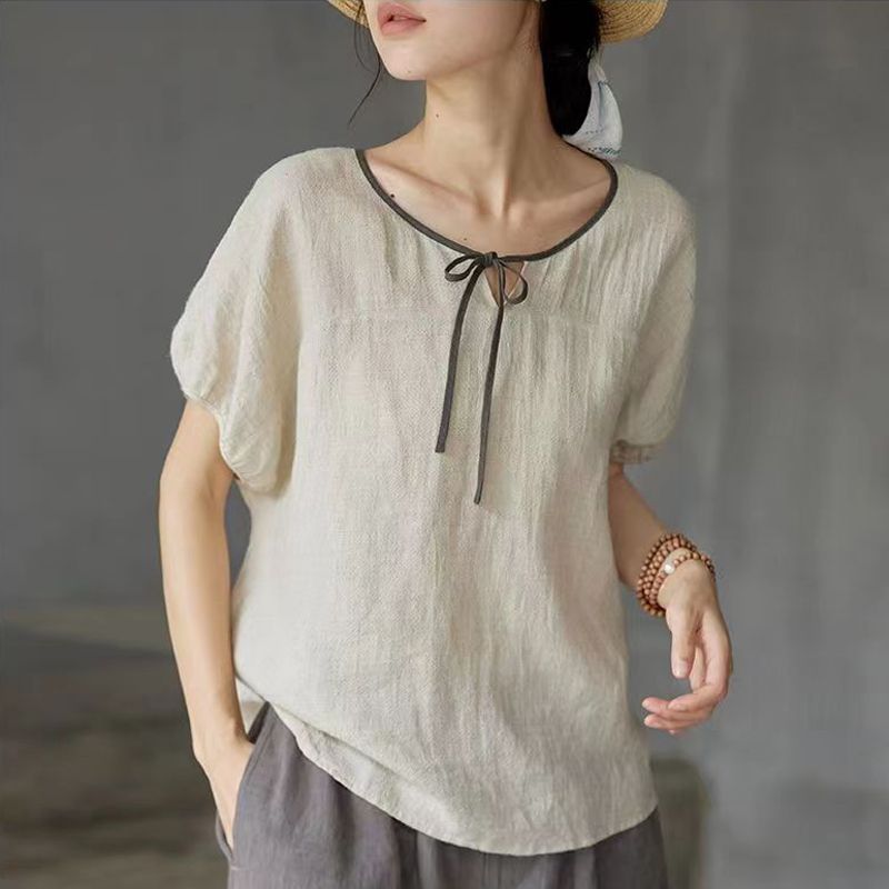 捡漏专柜撤回大牌外贸棉麻圆领短袖T恤女文艺小清新宽松显瘦上衣