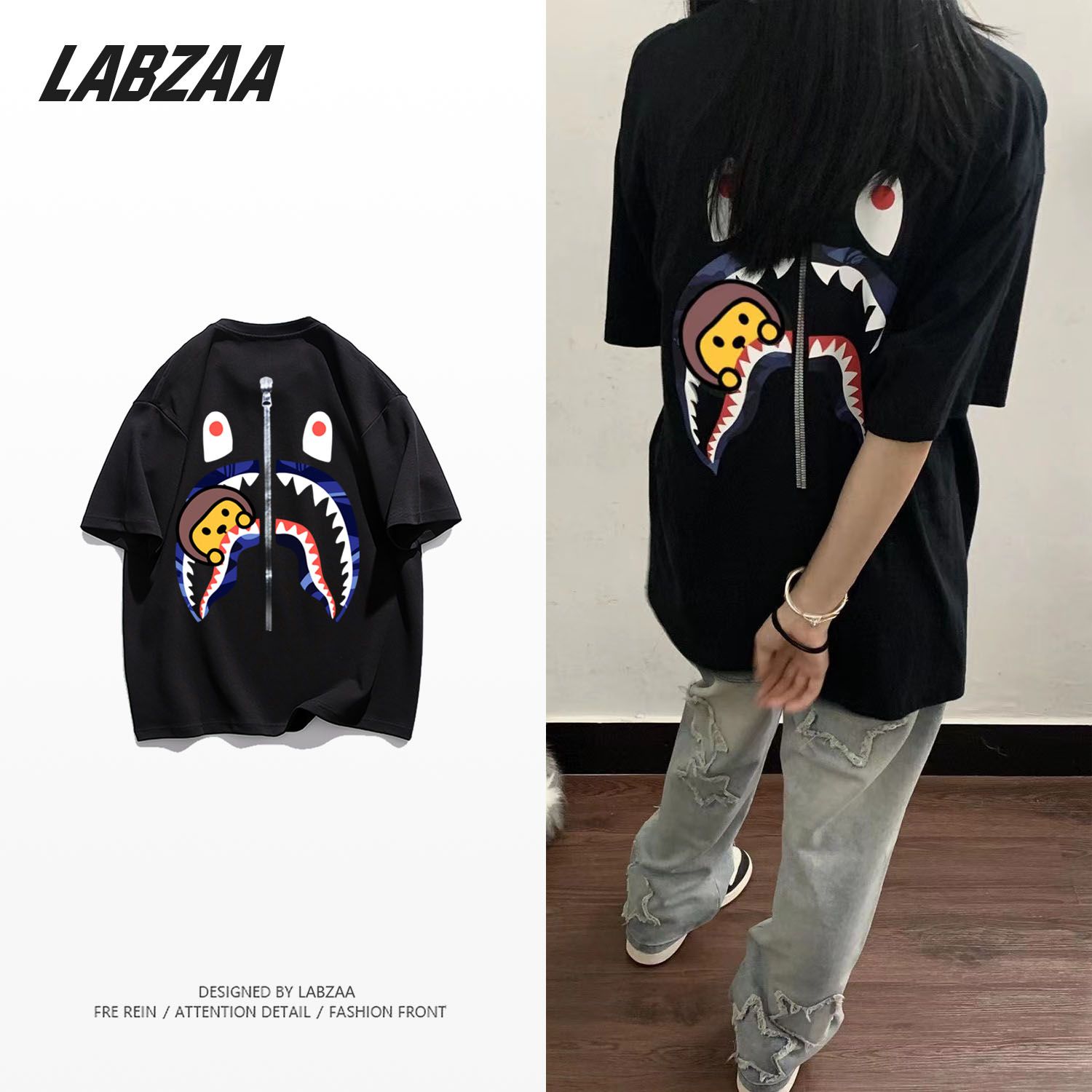 LABZAA heavy 260g cotton short-sleeved T-shirt female ins hip-hop shark print loose couple personality top