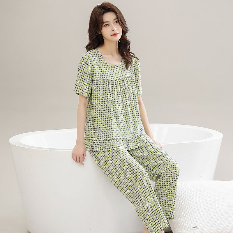 Short-sleeved cotton silk pajamas women's summer thin section air-conditioned home service loose two-piece middle-aged mother artificial cotton suit