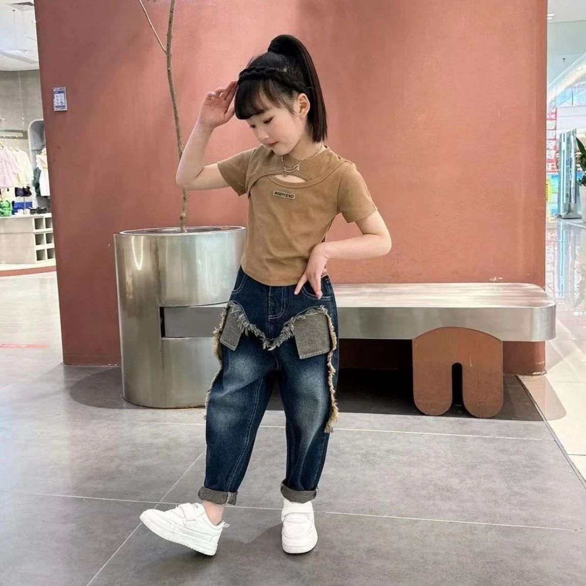 女童夏装千金套装新款韩版洋气时髦中大童假两件牛仔裤拽超酷