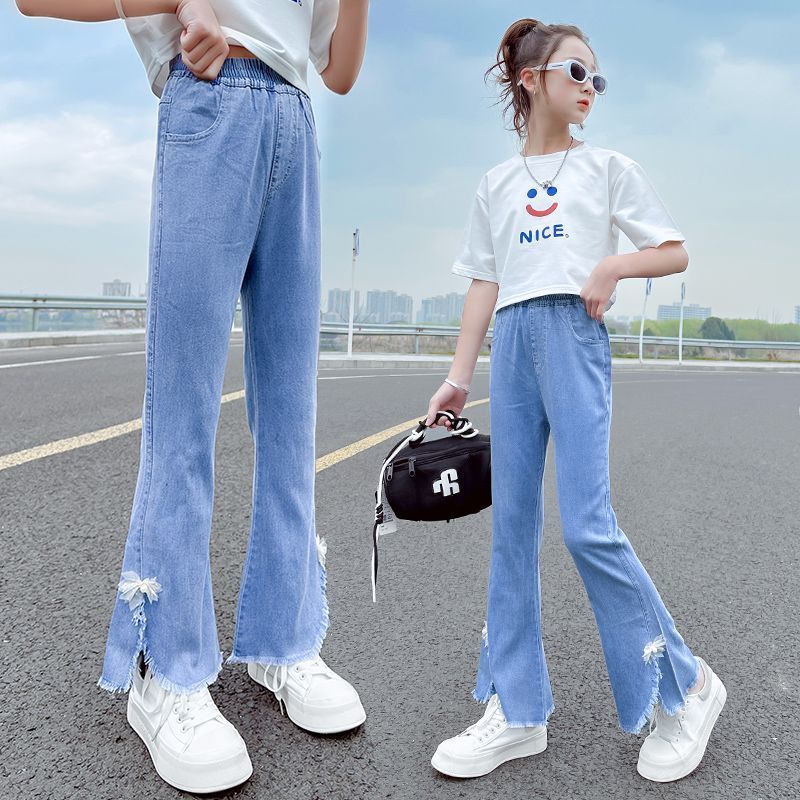 女童喇叭褲夏季薄款洋氣小女孩百搭時髦中大童夏裝兒童天絲牛仔褲