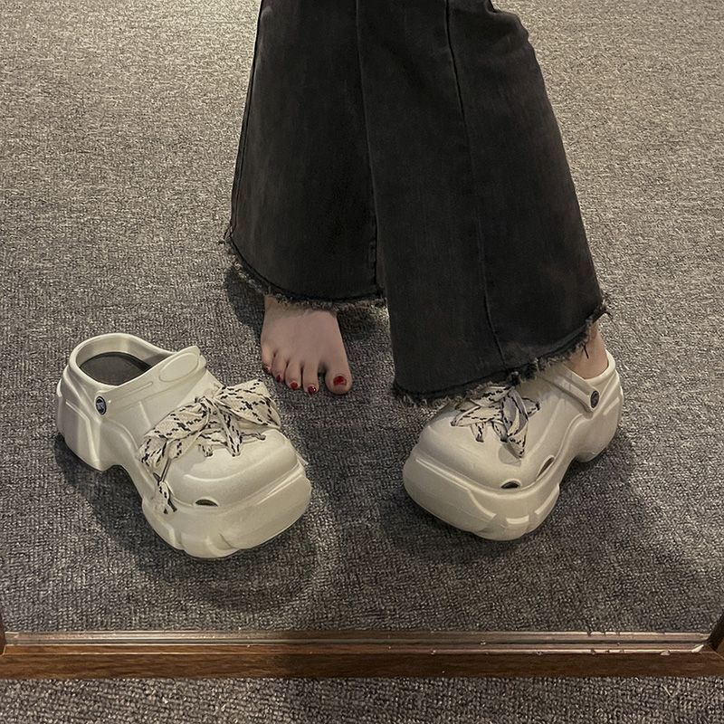 厚底增高洞洞鞋女2023年夏季新款外穿百搭小众设计感绑带包头凉拖