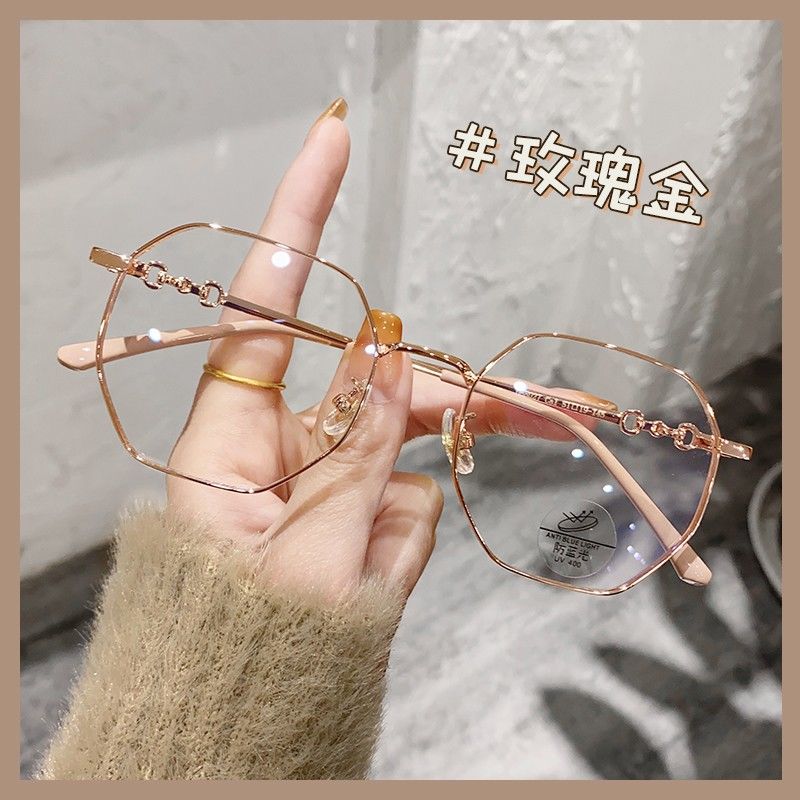 Myopia glasses frame women can match the degree of astigmatism square round face plain mirror polygonal gold wire glasses show small face