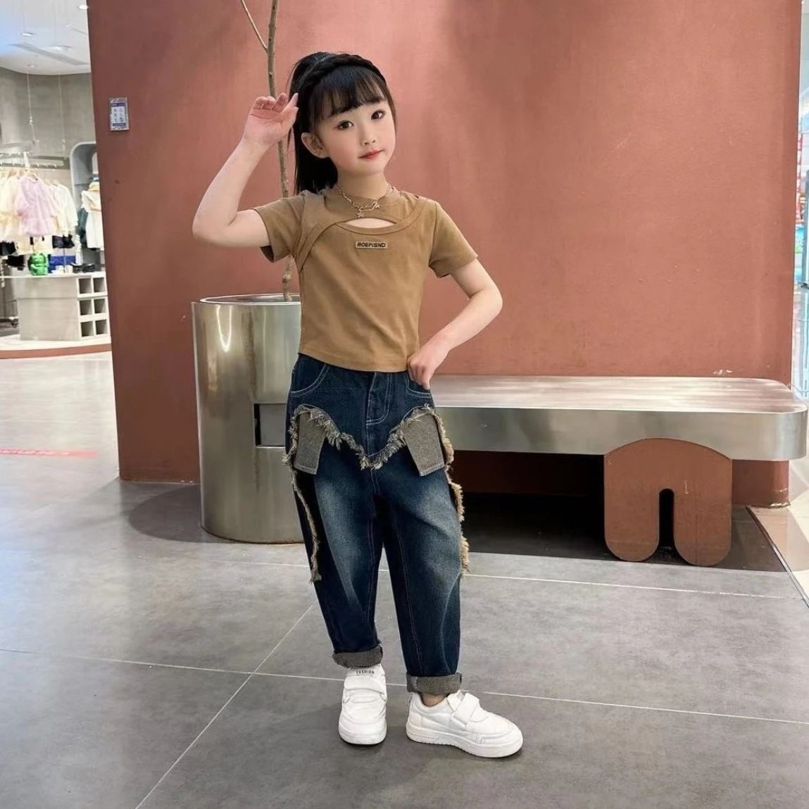女童夏装千金套装新款韩版洋气时髦中大童假两件牛仔裤拽超酷