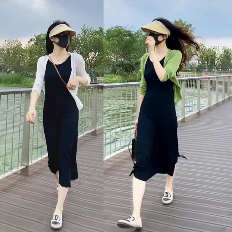 藍海奕諾薄款長袖防曬冰絲開衫吊帶裙套裝女2023夏寬鬆顯瘦兩件套