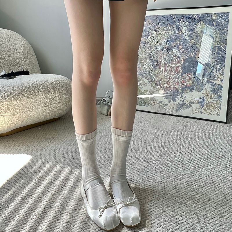 芭蕾风白色竖条纹短中筒袜子褶皱花边小腿袜少女纯欲百搭春夏薄款