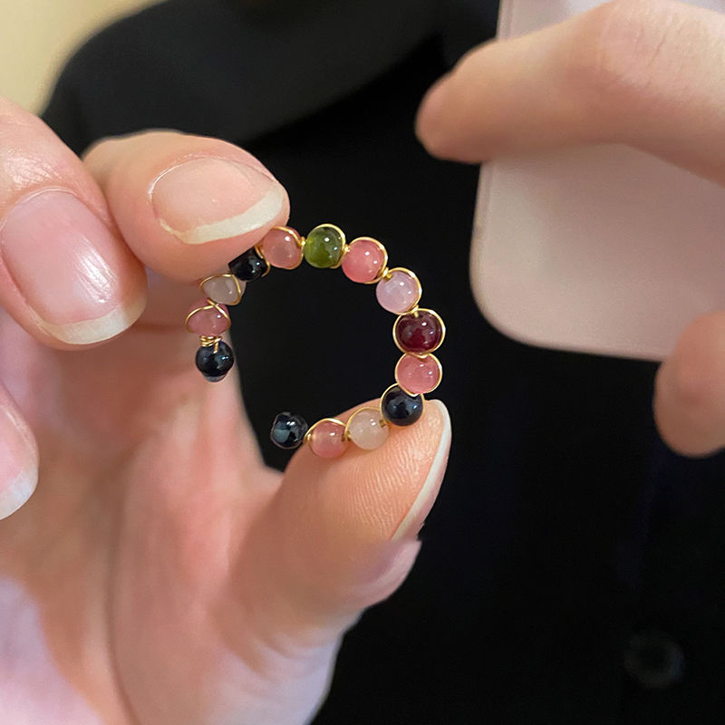 Retro natural stone tourmaline open ring for women, light luxury niche design, high-end index finger ring, fashionable and personalized ring