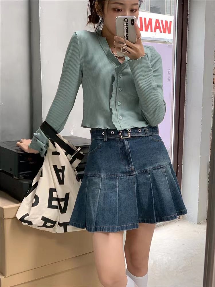 Blue denim pleated skirt women's high waist washed skirt A-line skirt retro American style showing long legs and thin all-match trendy