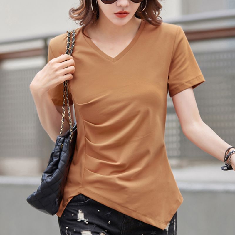 純棉短袖t恤女夏裝新款韓版寬鬆顯瘦百搭V領不規則洋氣上衣體恤衫