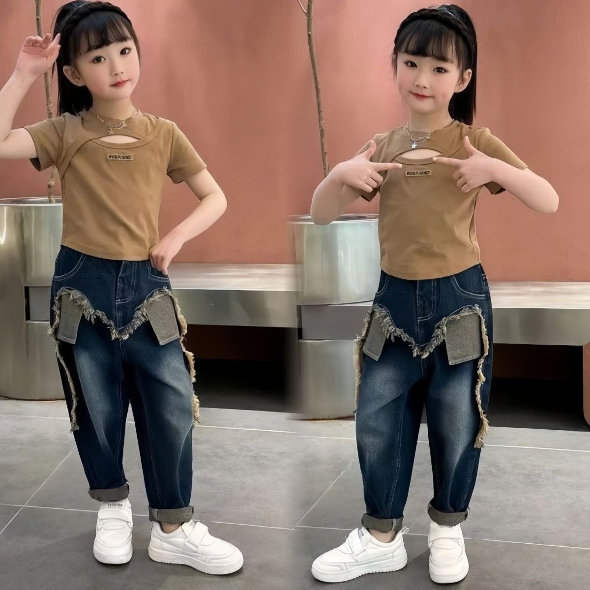女童夏裝千金套裝2023新款韓版洋氣時髦中大童假兩件牛仔褲拽超酷