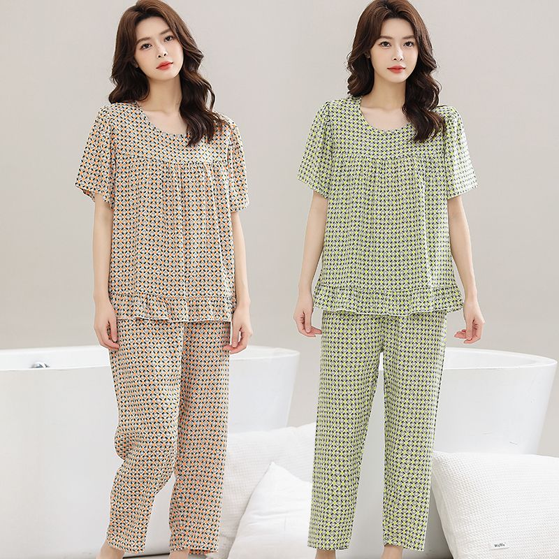 Short-sleeved cotton silk pajamas women's summer thin section air-conditioned home service loose two-piece middle-aged mother artificial cotton suit
