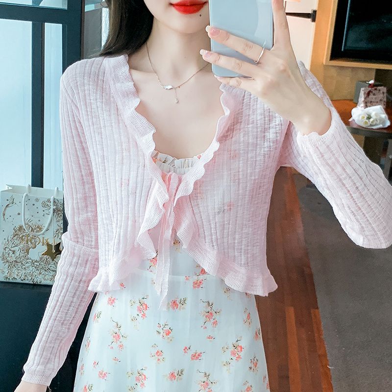 Design sense niche fungus side sunscreen knitted cardigan female sweet thin section long-sleeved small shawl with short top