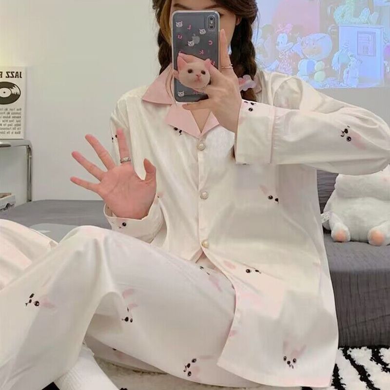 Bubble Bear net red ins wind ice silk pajamas female summer cartoon long-sleeved home clothes set imitation silk home clothes