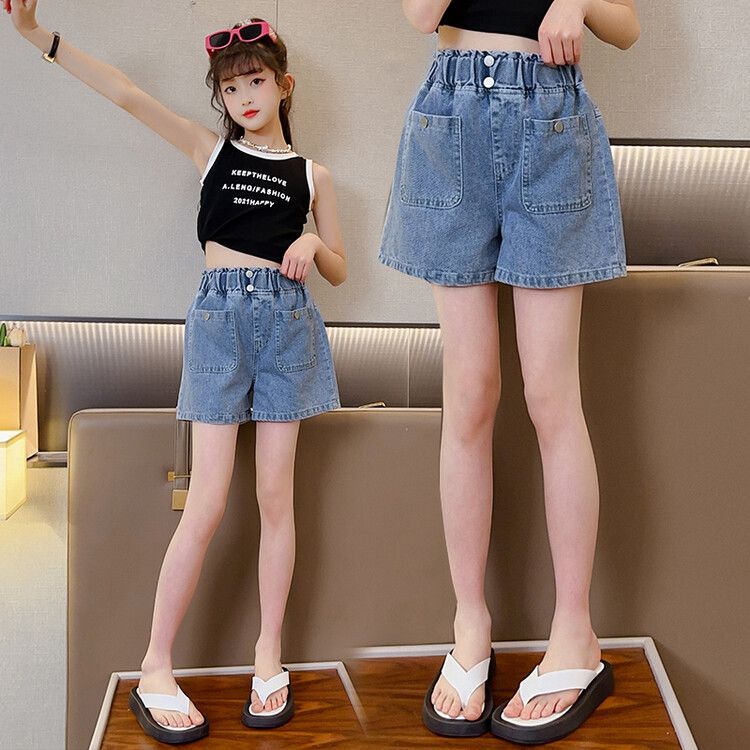 Girls' denim shorts 2023 summer thin style middle and big children's foreign style outerwear girls' high waist middle and big children's baby loose pants