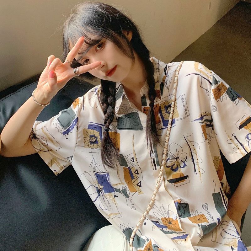 Greggio Xia's new graffiti print shirt women's salt style lazy style short-sleeved Korean style loose top with design