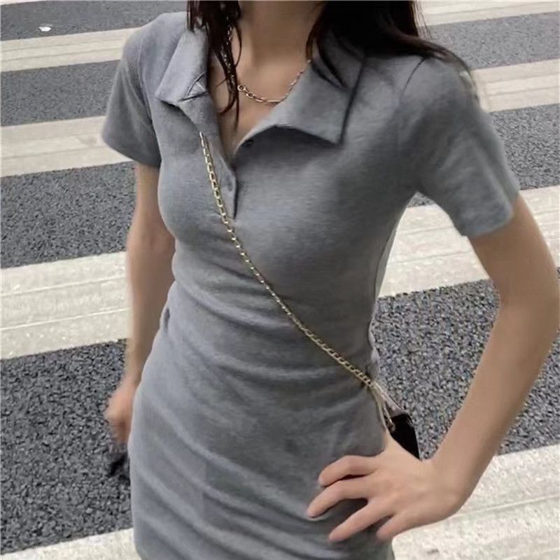 Pure color polo collar pure desire dress women's summer new small slit package hips slim waist hot girl skirt
