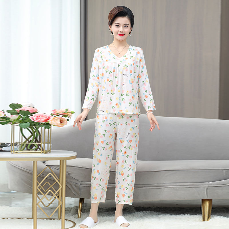 Cotton silk pajamas women's long-sleeved trousers home clothes set middle-aged and elderly mothers wear large size artificial cotton thin home clothes