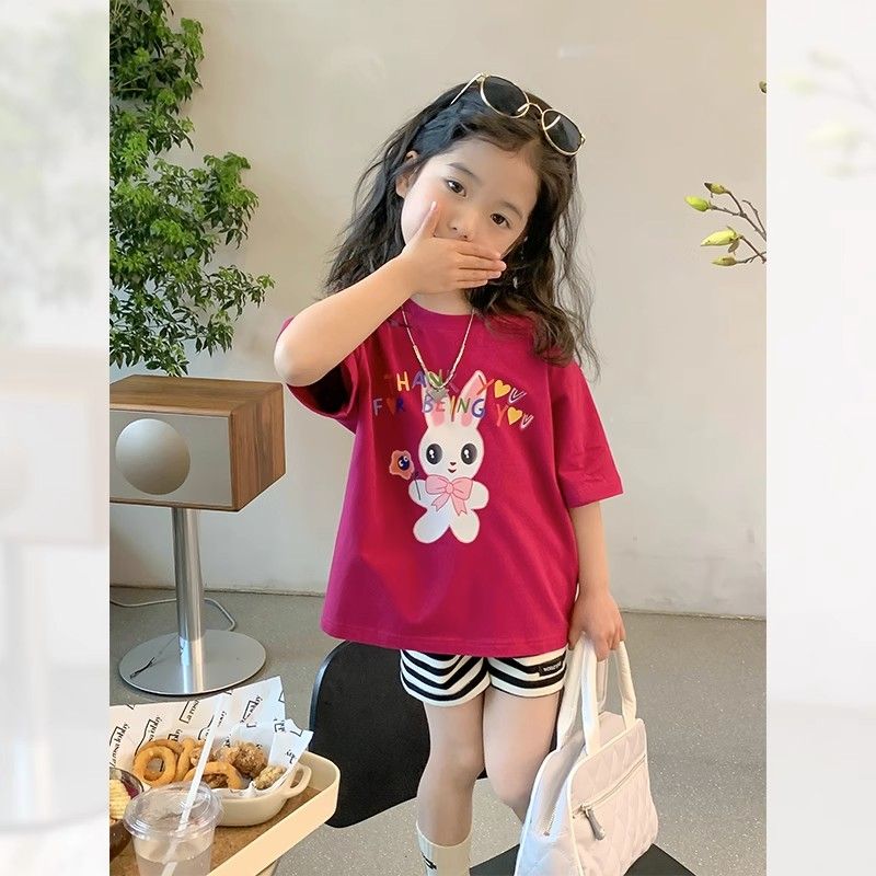 Children's clothing girls' suit 2023 new Korean version of pure cotton t foreign style short-sleeved top children's casual shorts two-piece set