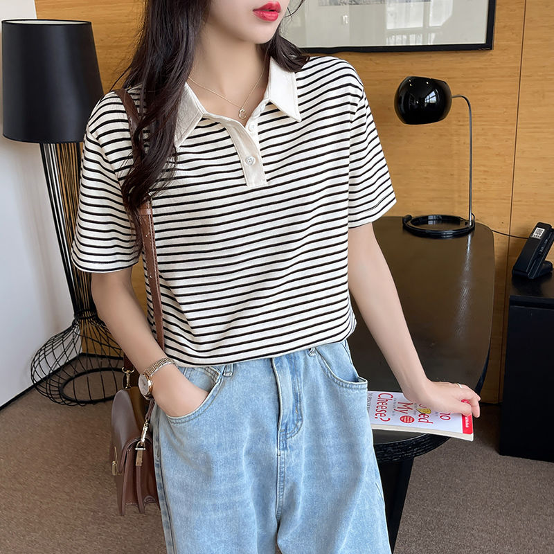 新款复古撞色条纹t恤减龄韩版Polo领短款女装时尚气质纯棉上衣服