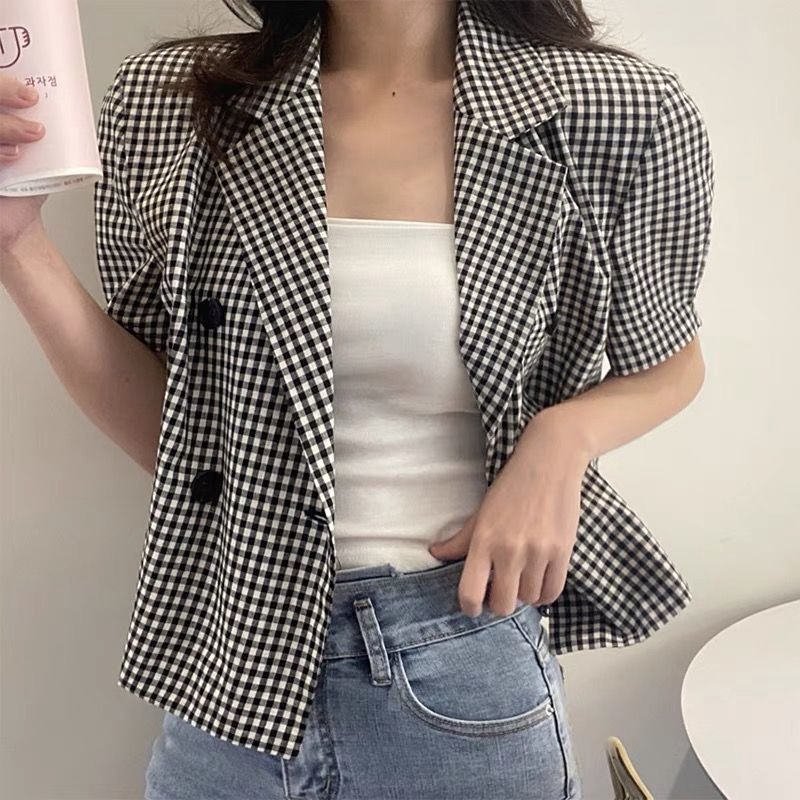 Houndstooth French retro romantic suit jacket  summer thin fashion short ladies casual small suit