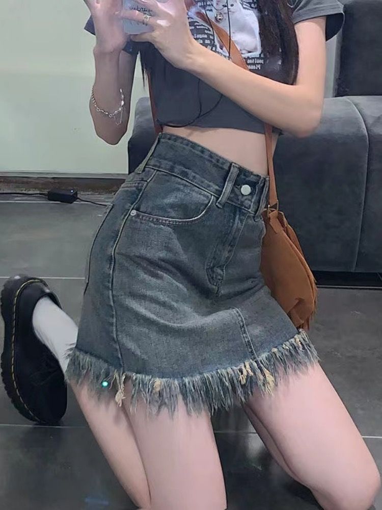 復古美式流蘇牛仔短裙女夏季大碼胖mm高腰顯瘦毛邊a字包臀半身裙