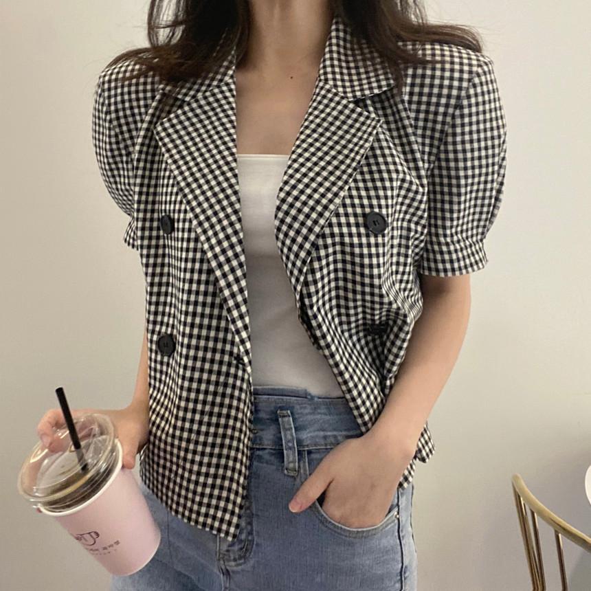 Houndstooth French retro romantic suit jacket  summer thin fashion short ladies casual small suit