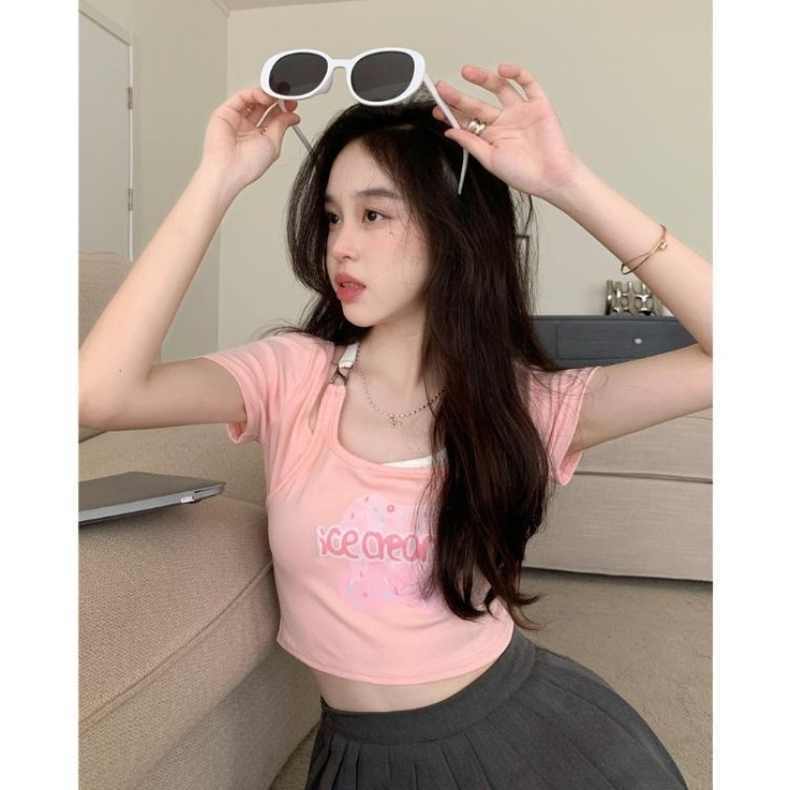 Thin wheat THIN MORE fake two-piece halter neck hot girl top summer pure desire wind self-cultivation sweet and spicy short style all-match trend