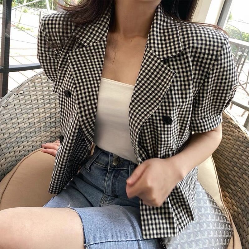 Houndstooth French retro romantic suit jacket  summer thin fashion short ladies casual small suit