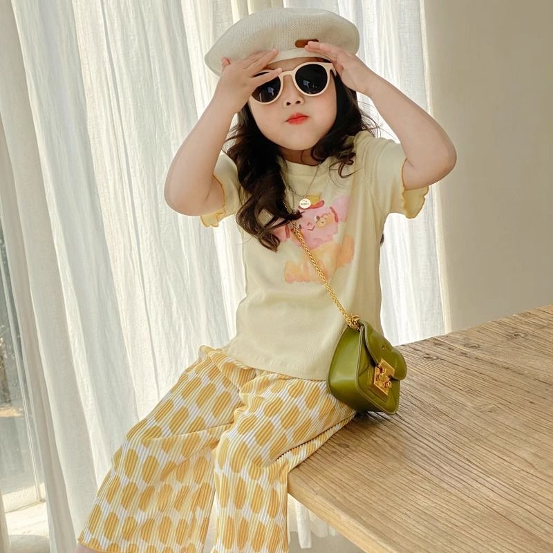 木木屋 女童春夏季套装新款韩版时髦小童宝宝印花T恤防蚊裤两件套