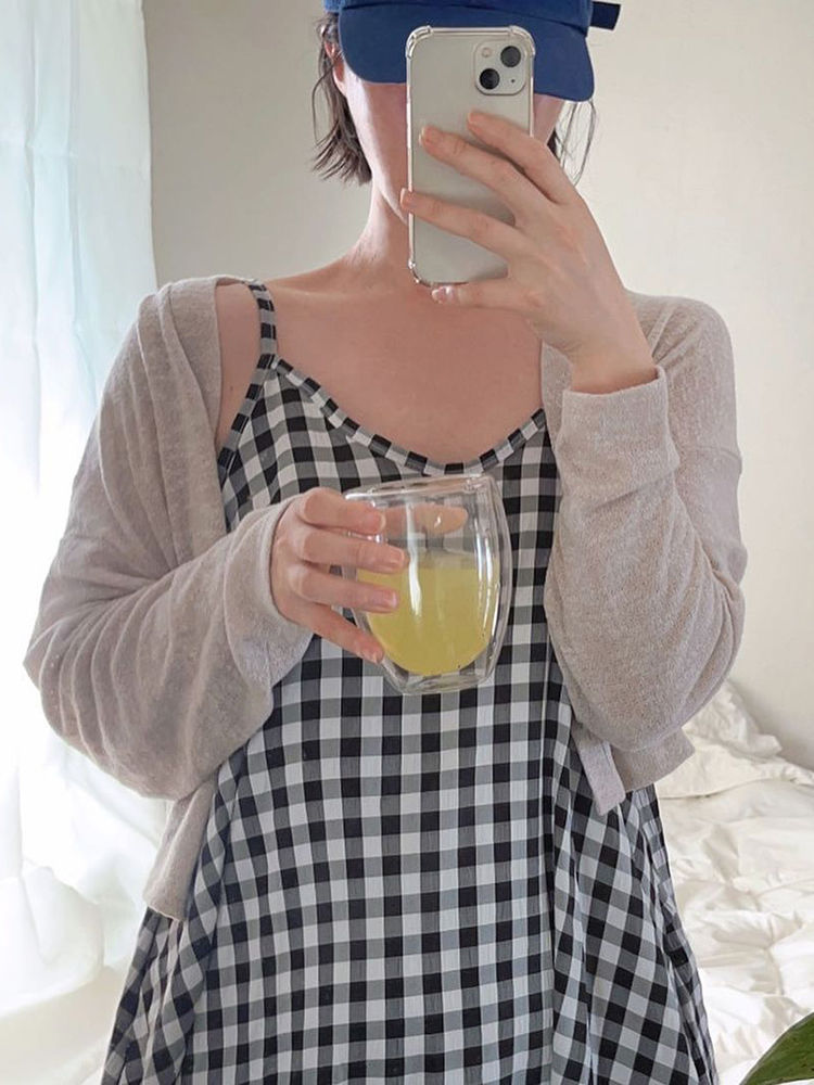 Ins Korean version of the simple plaid sling pajamas female summer day 2023 new loose dress home service nightdress