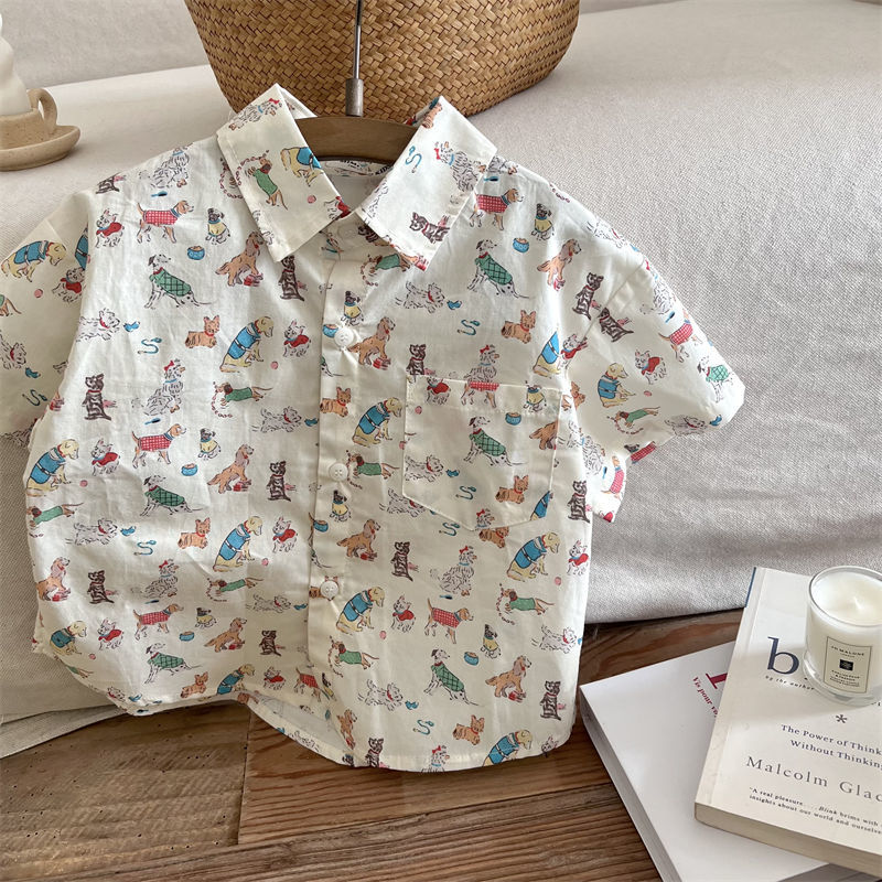 Children's shirts 2023 summer style for boys and girls, puppy full print cartoon shirts, baby casual shirts, short-sleeved trendy