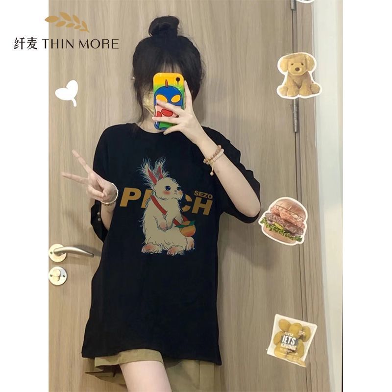 纖麥重磅兔子印花短袖女100%純棉夏季新款百搭正肩小眾t恤上衣服