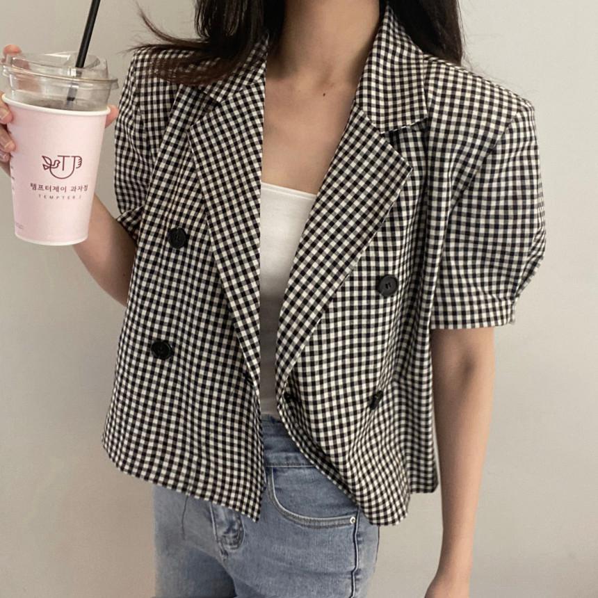 Houndstooth French retro romantic suit jacket  summer thin fashion short ladies casual small suit