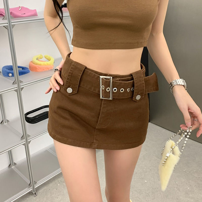 性感辣妹西部牛仔短裙女設計感小眾棕色半身裙褲a字顯瘦包臀裙子